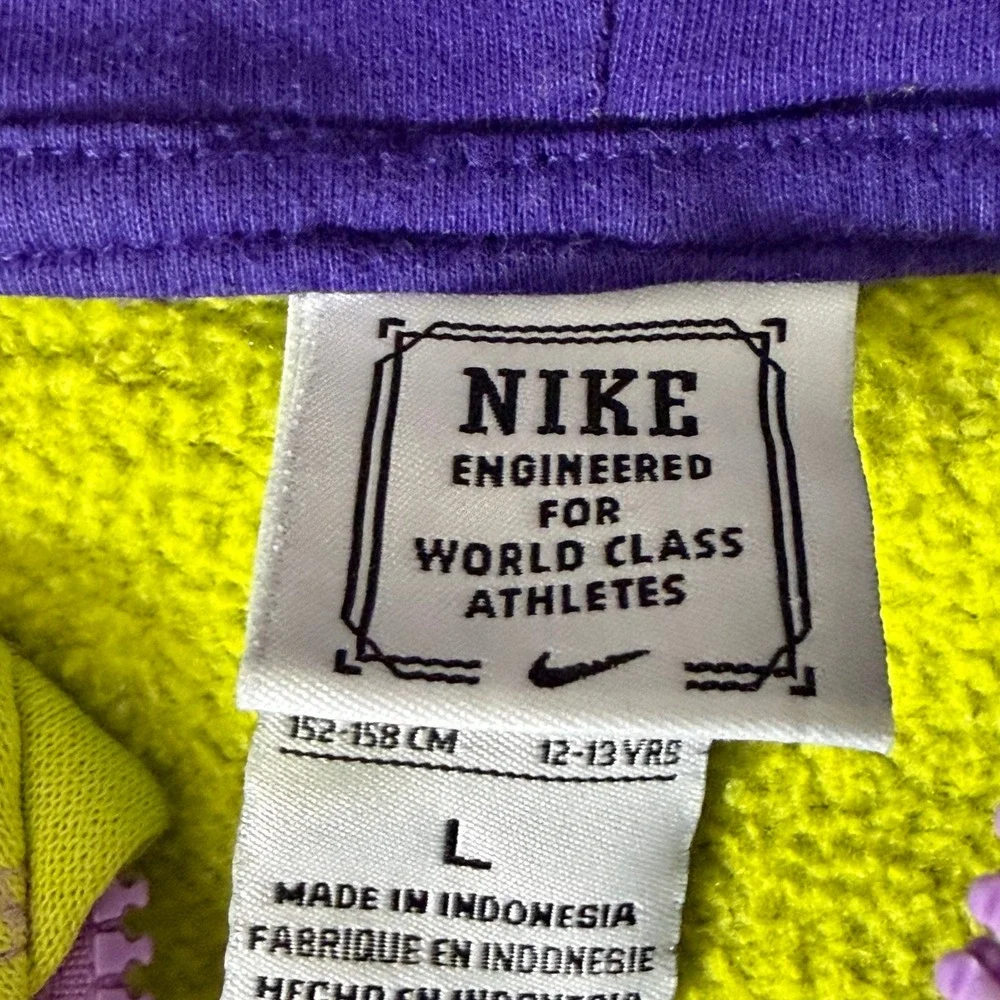Nike Kids Full Zip Hoodie Lime Green Purple‎ Fleece Sweatshirt Size L 12-13 Yrs